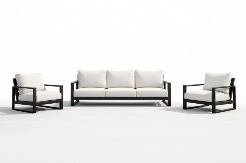 Ensemble de Salon de Jardin en Aluminium Noir avec Coussins Blancs