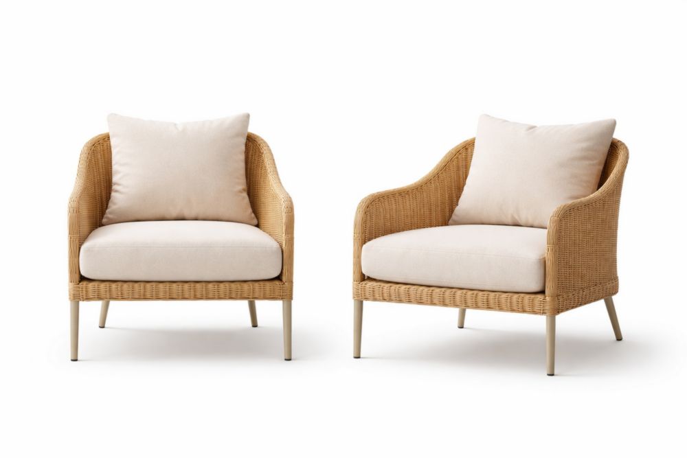 Ensemble de 2 fauteuils en rotin et coussins en tissu polyester Beige