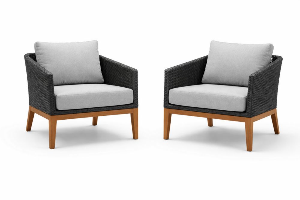 Ensemble de 2 fauteuils en résine tressée et bois avec coussins gris