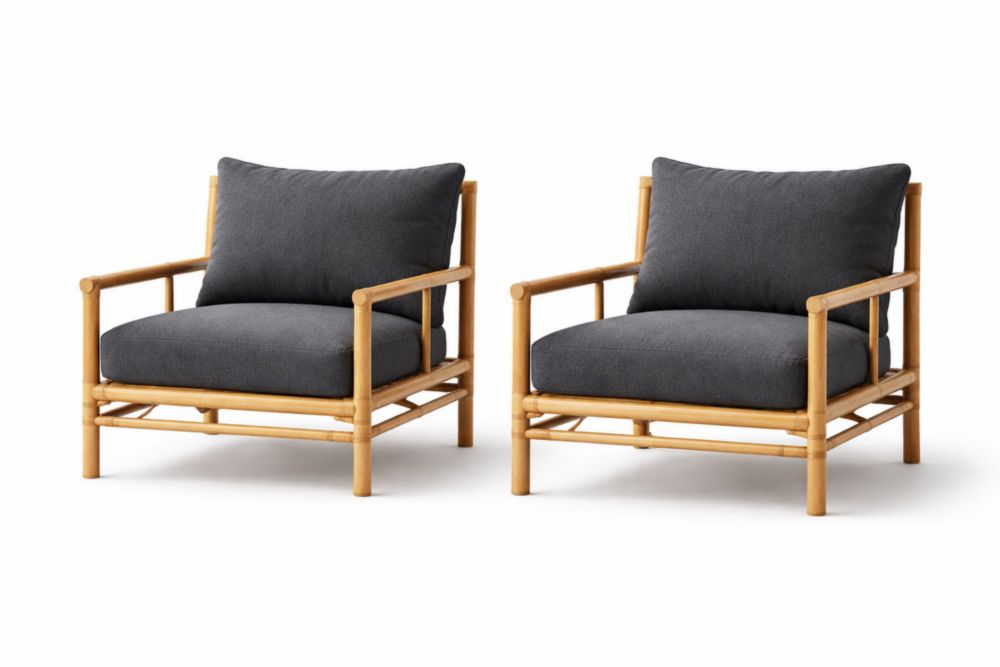 Ensemble de 2 fauteuils en bambou avec coussins en polyester gris