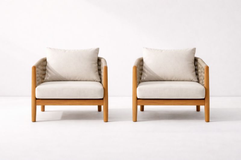 Lot de 2 fauteuils d'extérieur en bois de teck avec coussins beiges