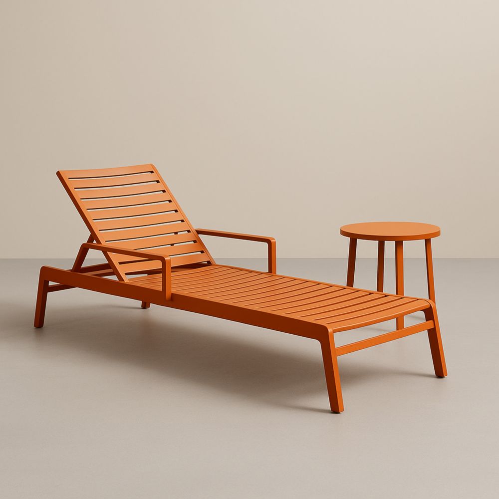 Ensemble de Chaise Longue et Table Basse en Métal Orange