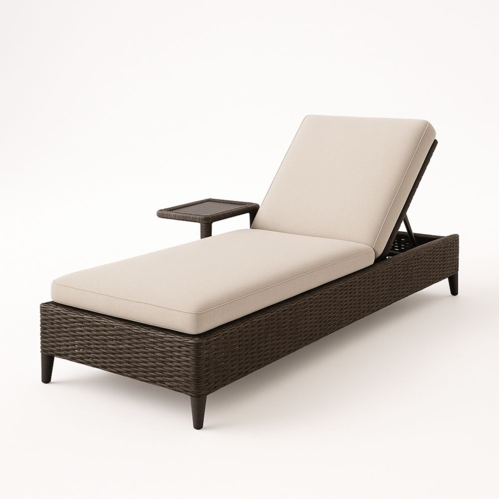 Chaise Longue en Résine Tressée Marron avec Coussin Beige et Tablette