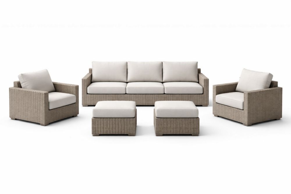 Ensemble de salon extérieur en résine tressée beige avec coussins blancs