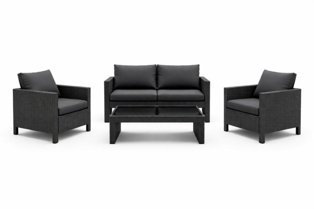 Ensemble de Salon de Jardin en Résine Tressée avec Coussins Noirs