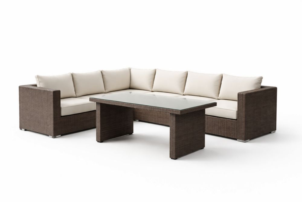 Ensemble de Salon de Jardin en Résine Tressée avec Coussins Beiges et Table en Verre Trempé