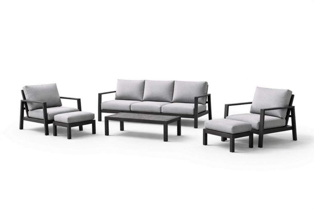 Ensemble de Mobilier de Jardin en Aluminium Noir et Coussins en Polyester Gris