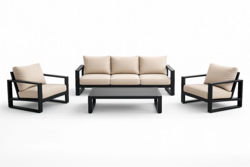 Ensemble de Mobilier de Jardin en Aluminium Noir avec Coussins Beige