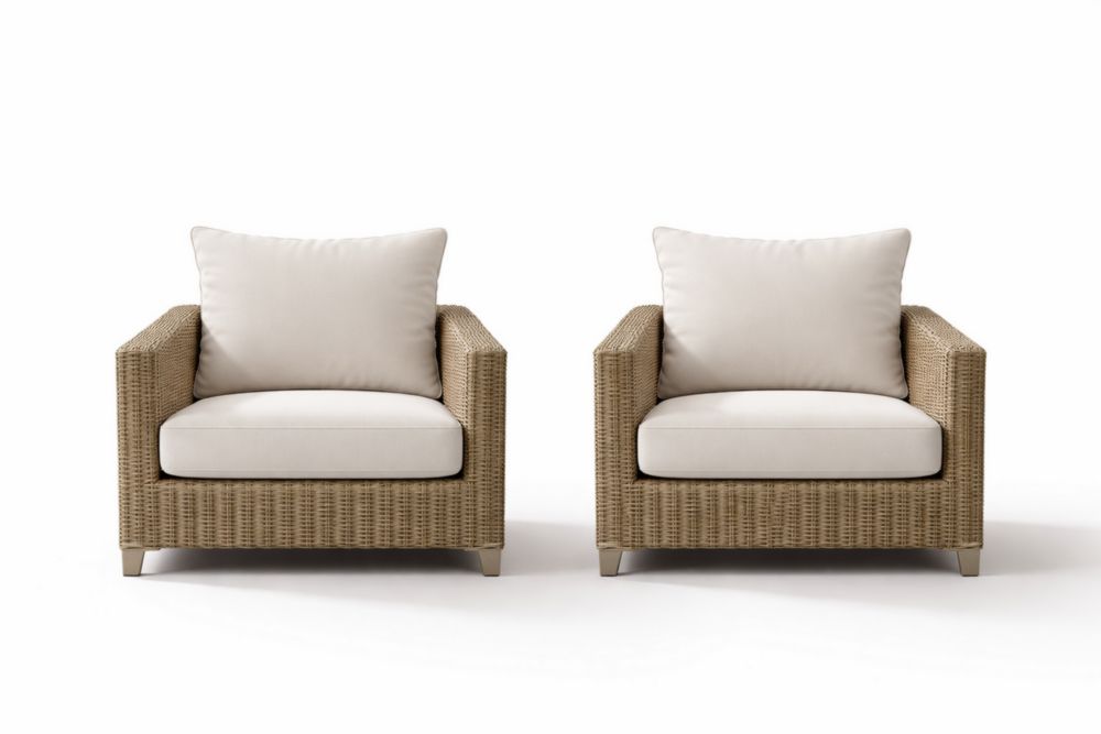 Ensemble de deux fauteuils en résine avec coussins en polyester beige
