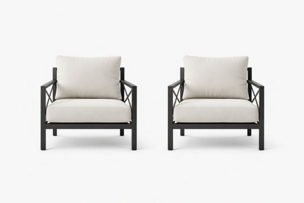 Fauteuils de jardin en métal et coussins beige 2 pièces