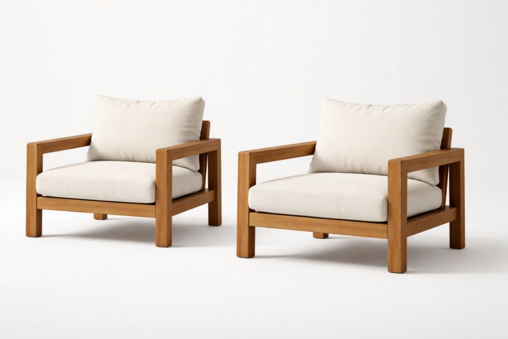 Ensemble de 2 fauteuils en bois avec coussins beige