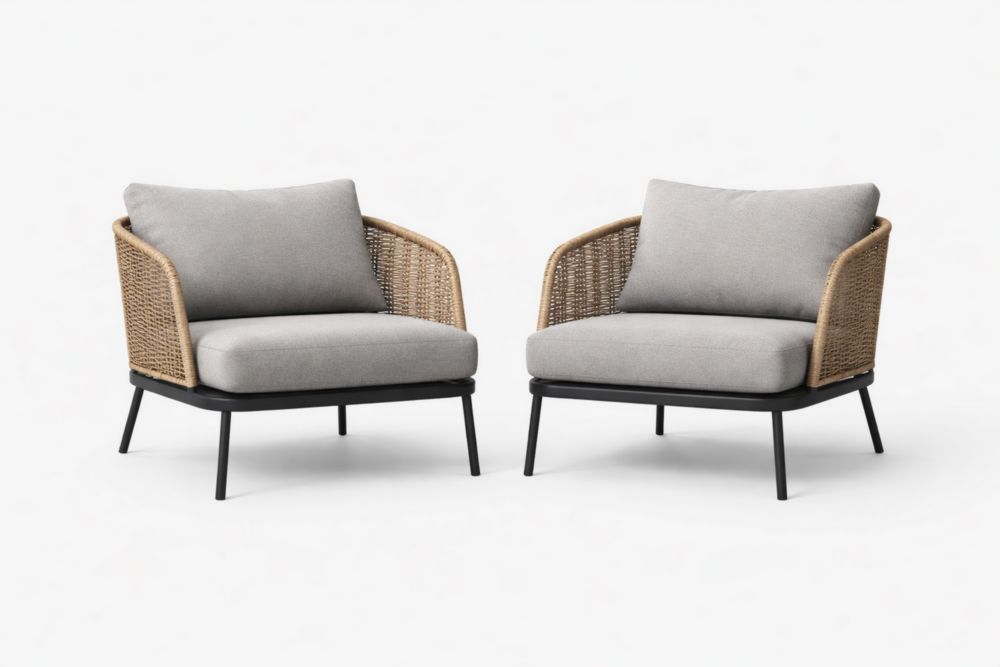 Fauteuils d'Extérieur Ensemble 2 Pièces Rotin Métal Tissu Gris