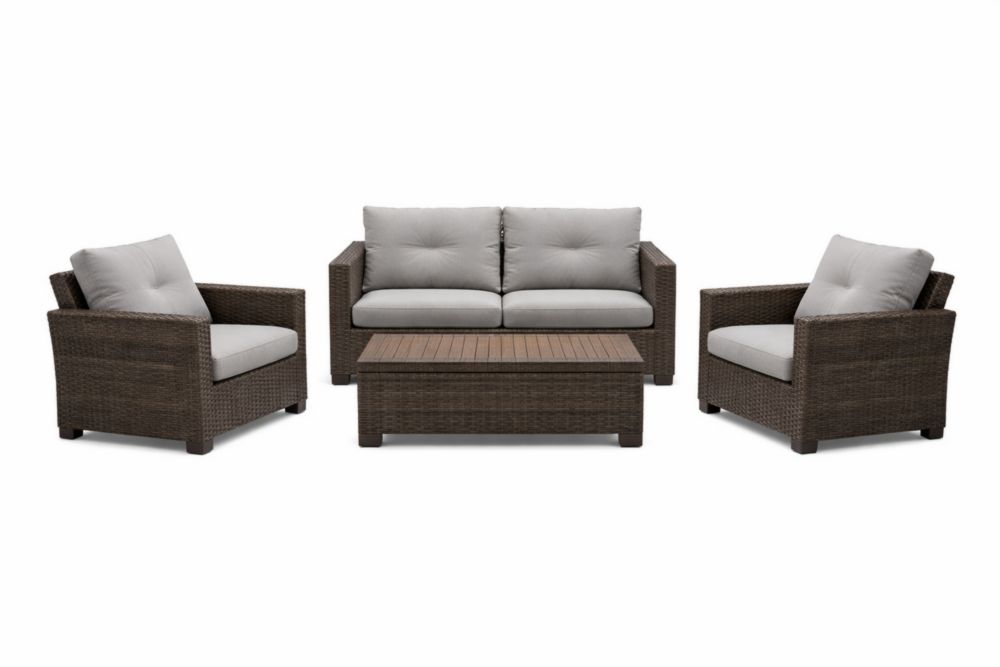 Ensemble salon de jardin en résine tressée marron avec coussins gris