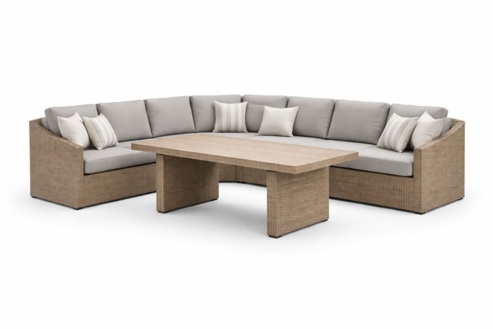 Ensemble de salon de jardin en rotin synthétique en L avec coussins gris et table en bois