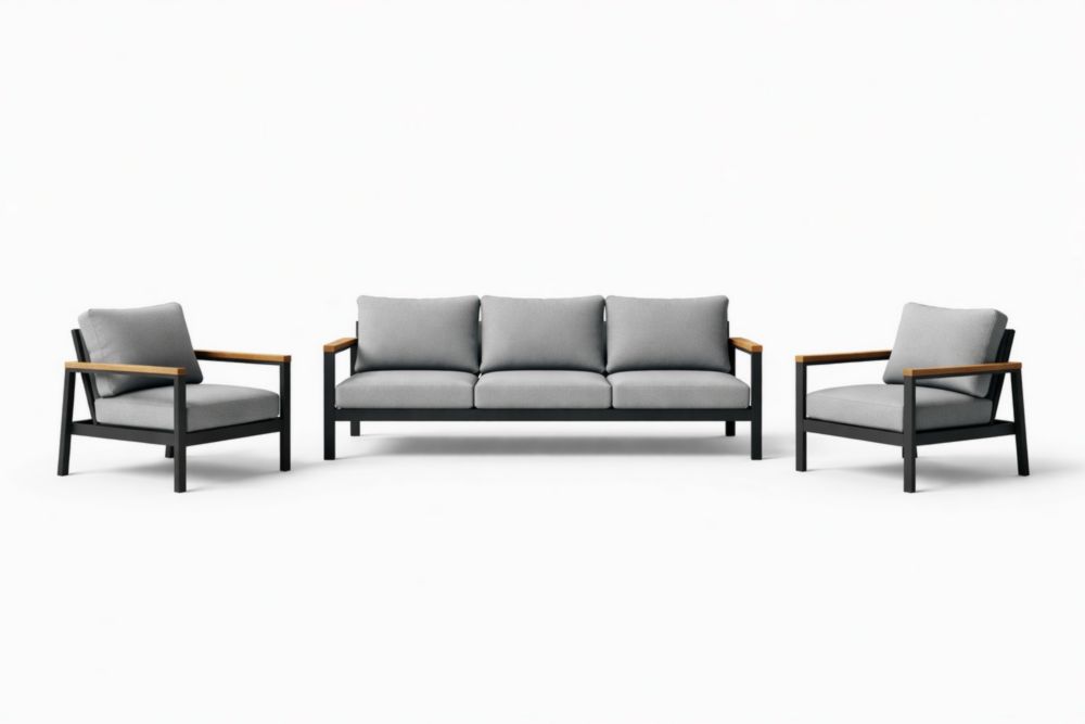 Ensemble de canapés extérieurs 3 pièces en aluminium et bois, coussins gris