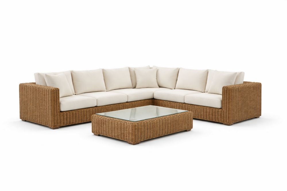 Canapé d'angle en rotin avec table basse en verre