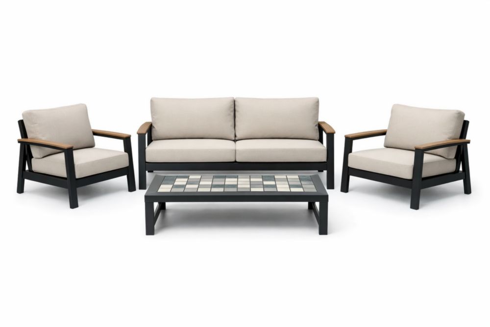 Ensemble de Jardin en Métal et Bois avec Coussins Beige