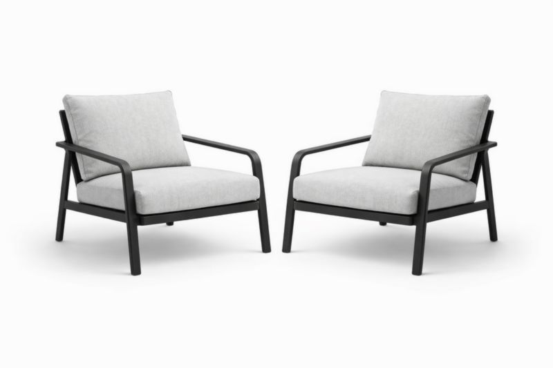 Set de 2 fauteuils de jardin en aluminium noir avec coussins gris
