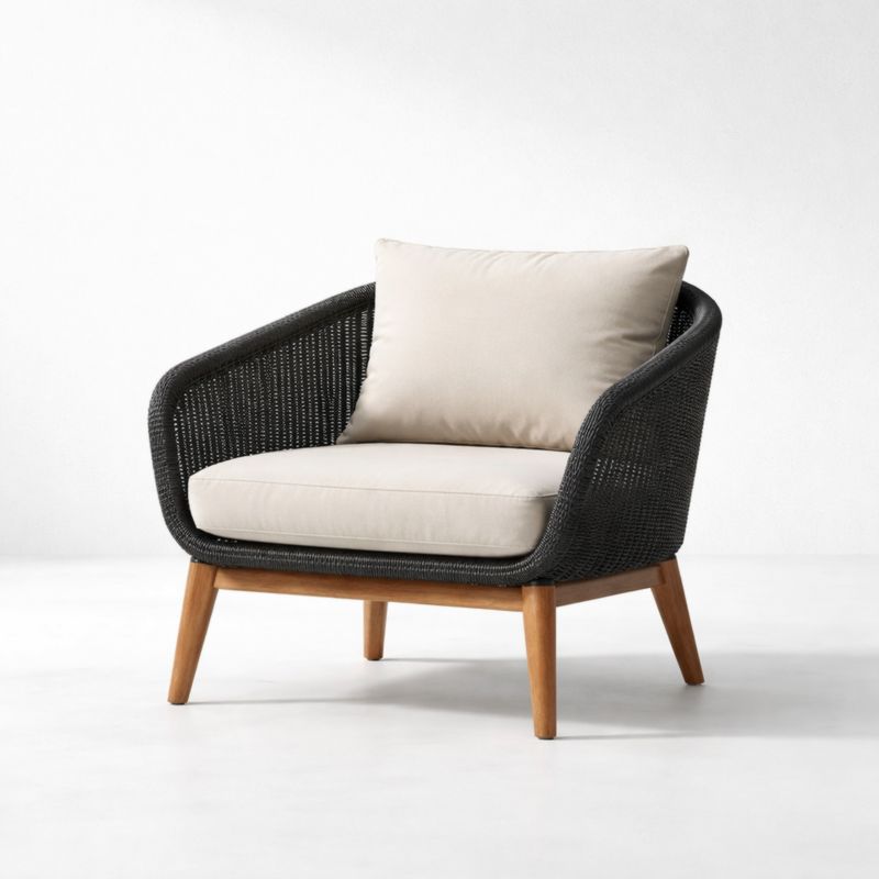 Fauteuil en Rotin Synthétique Noir et Coussins Beiges