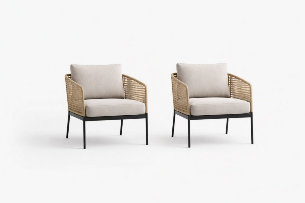 Ensemble de 2 fauteuils en rotin et métal avec coussins en tissu beige