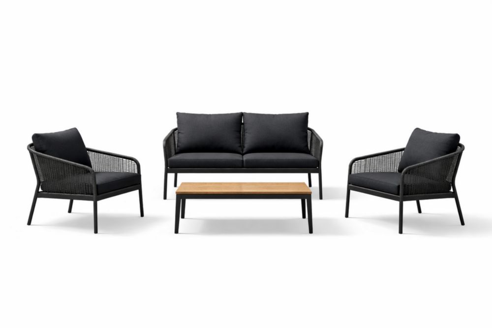 Ensemble salon de jardin 4 pièces métal bois coussins extérieurs noir