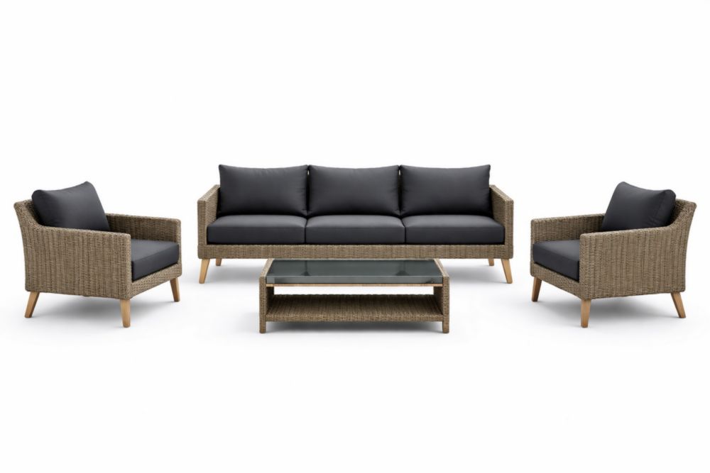 Ensemble de jardin en rotin avec coussins en polyester et table en verre trempé