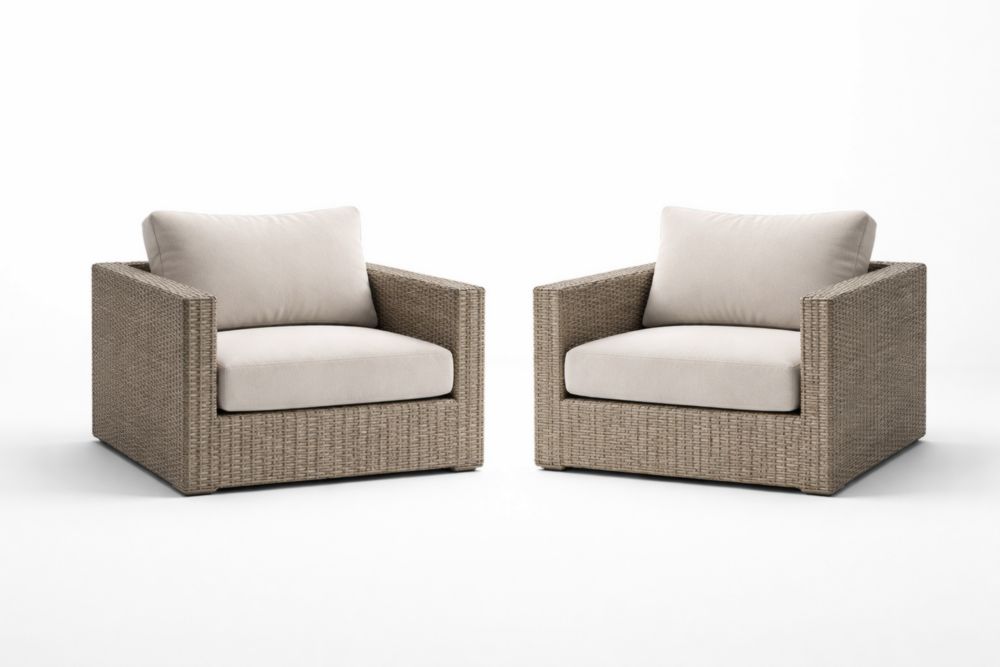 Set de 2 fauteuils en osier synthétique beige avec coussins en polyester