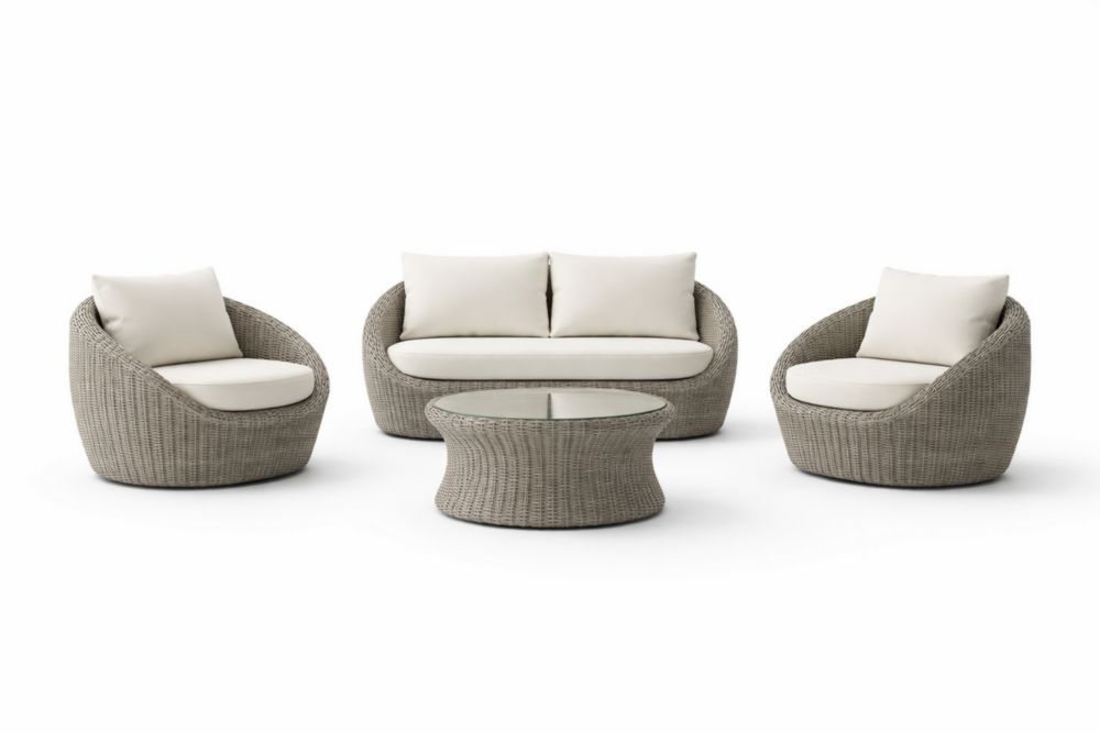 Ensemble de mobilier de jardin en résine tressée avec coussins crème et table en verre