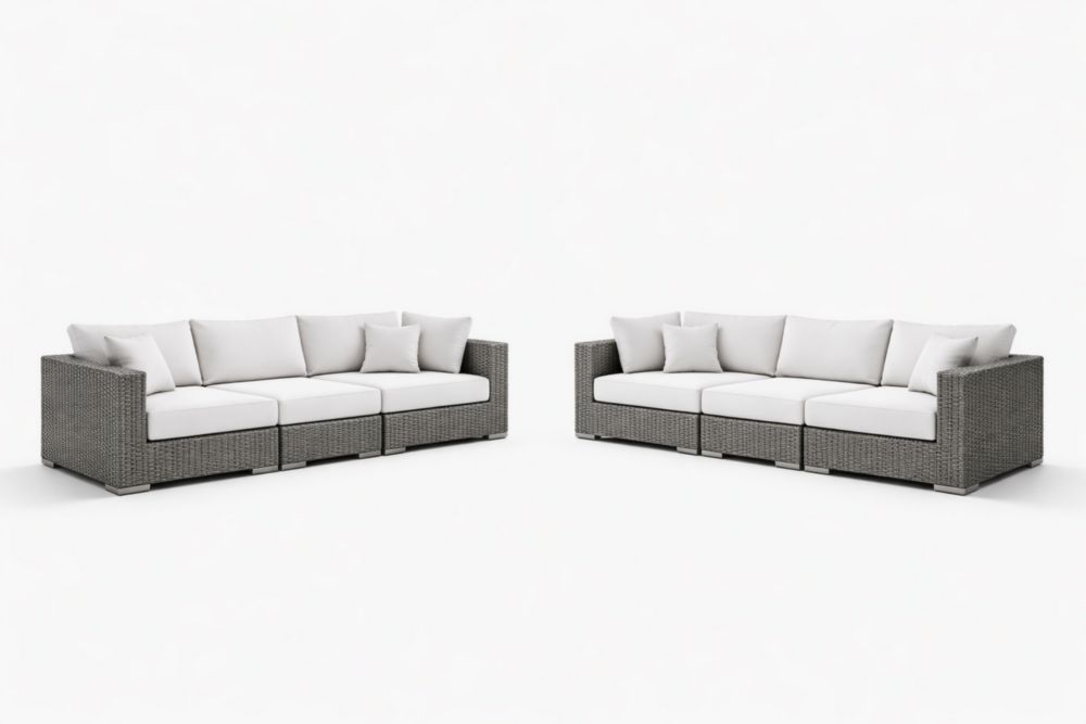 Canapés modulaires d'extérieur en résine tressée gris avec coussins blancs