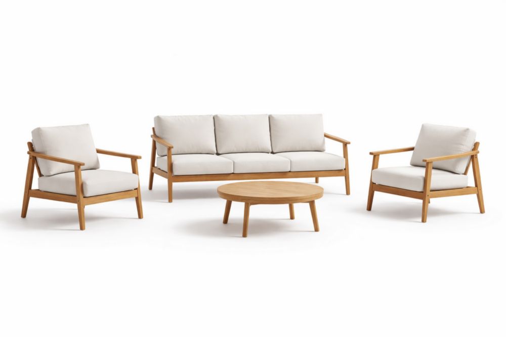 Ensemble de Jardin en Bois avec Coussins en Tissu Beige