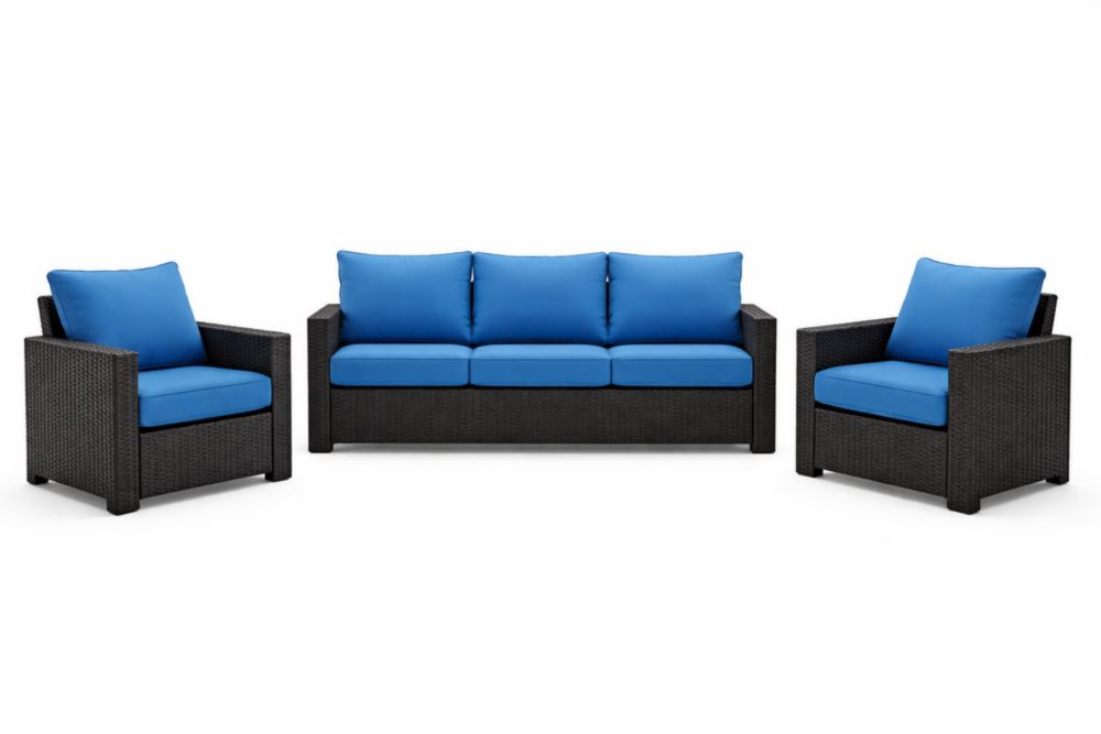 Ensemble de salon de jardin en résine tressée avec coussins bleus