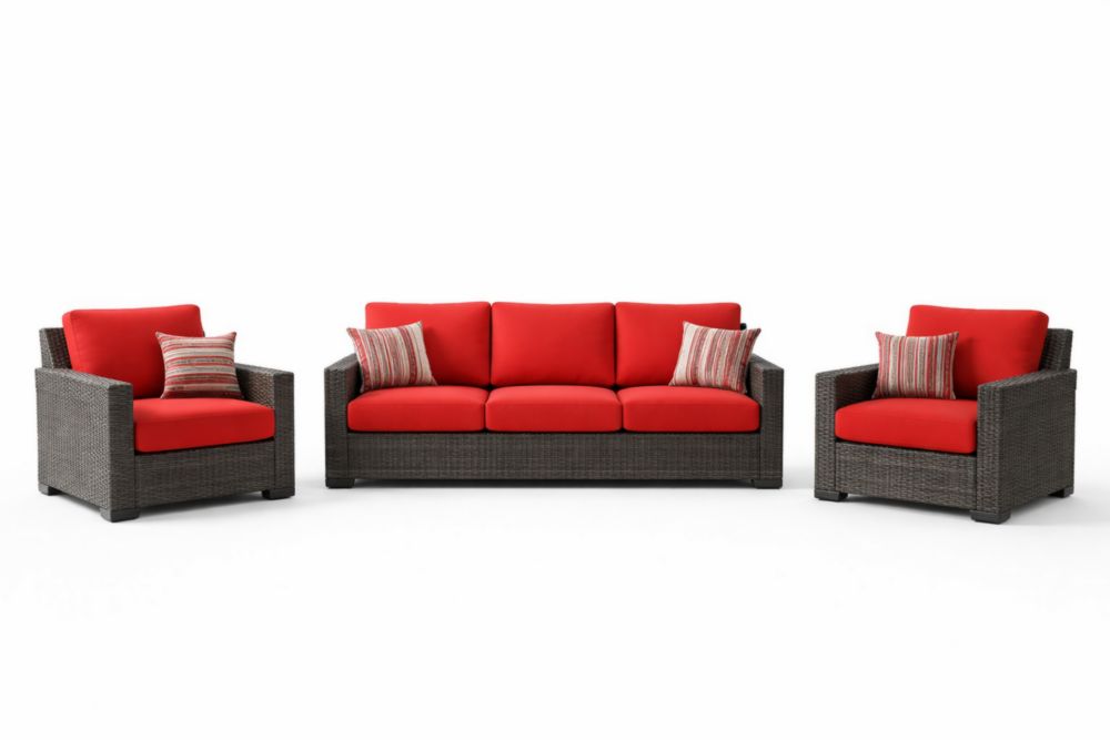 Ensemble canapé extérieur en résine tressée avec coussins en tissu rouge