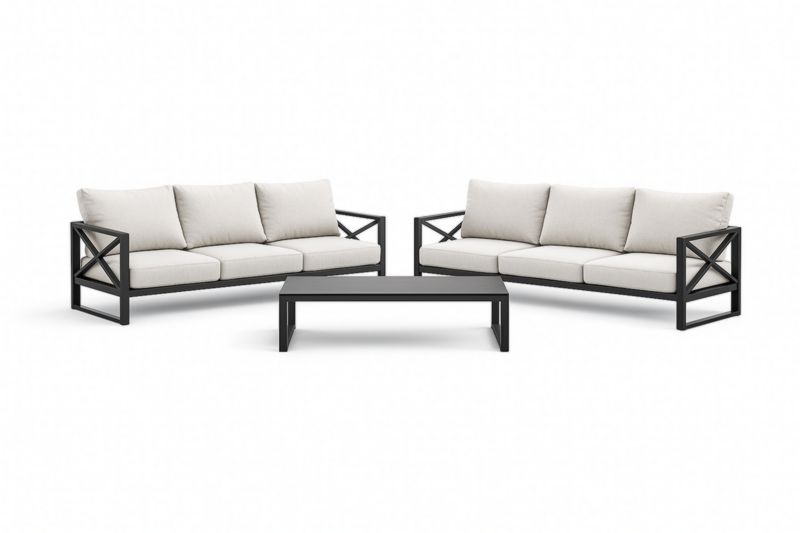 Ensemble de Mobilier de Jardin en Aluminium Noir avec Coussins en Polyester Crème