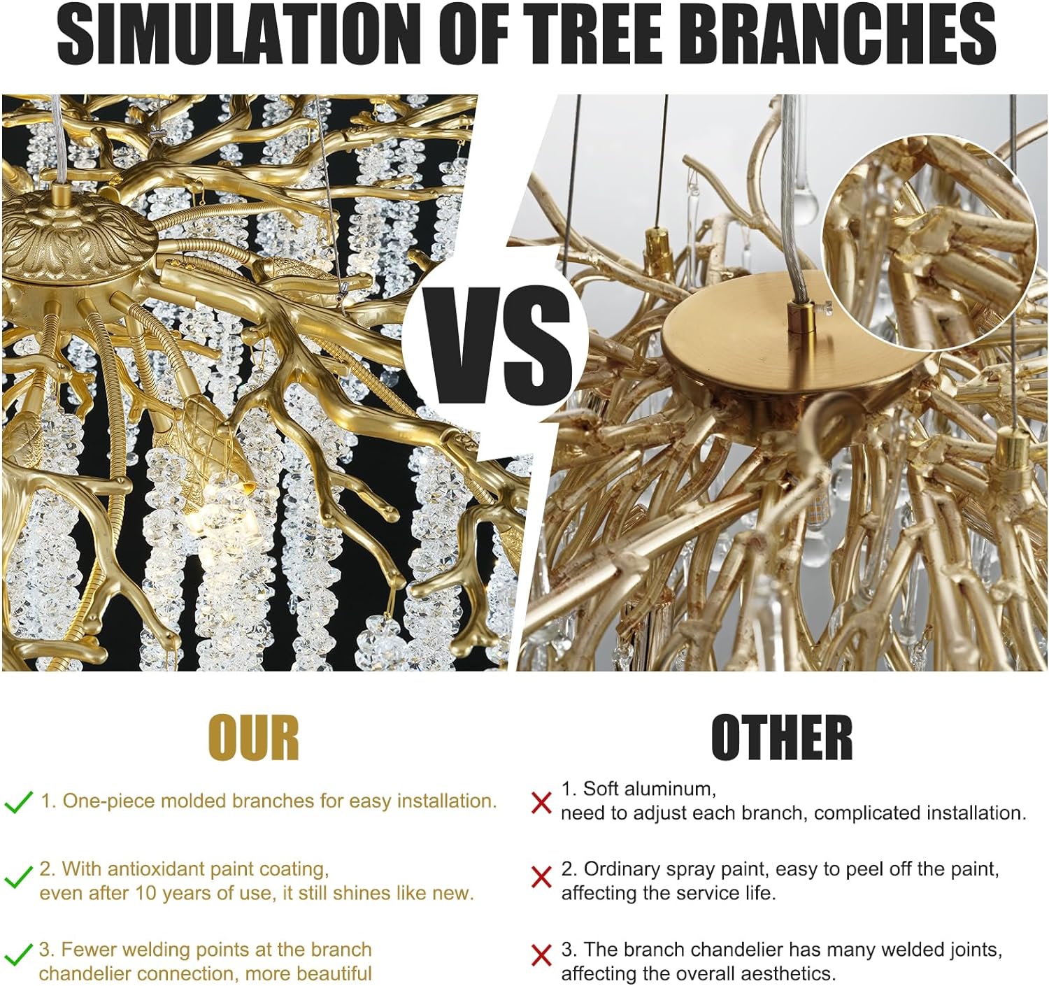 Branch Snow Tree Crystal Gold Chandelier 30"D