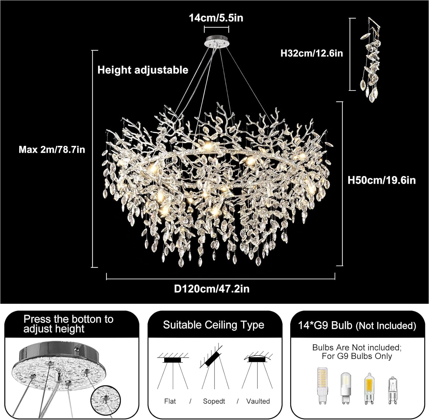 Modern Crystal Tree Branch Round Chandelier for All Rooms 30" 40" 48"