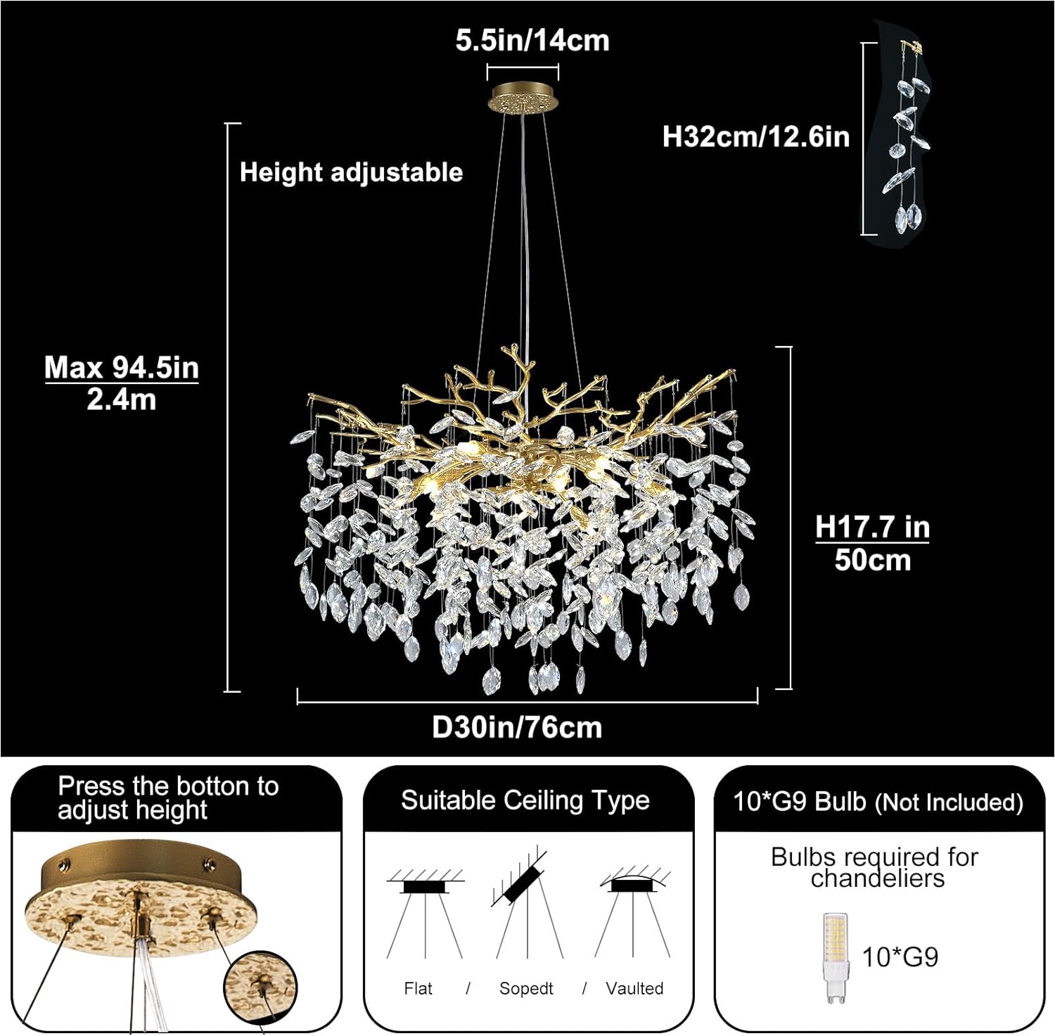 Modern Crystal Tree Branch Round Chandelier for All Rooms 30" 40" 48"