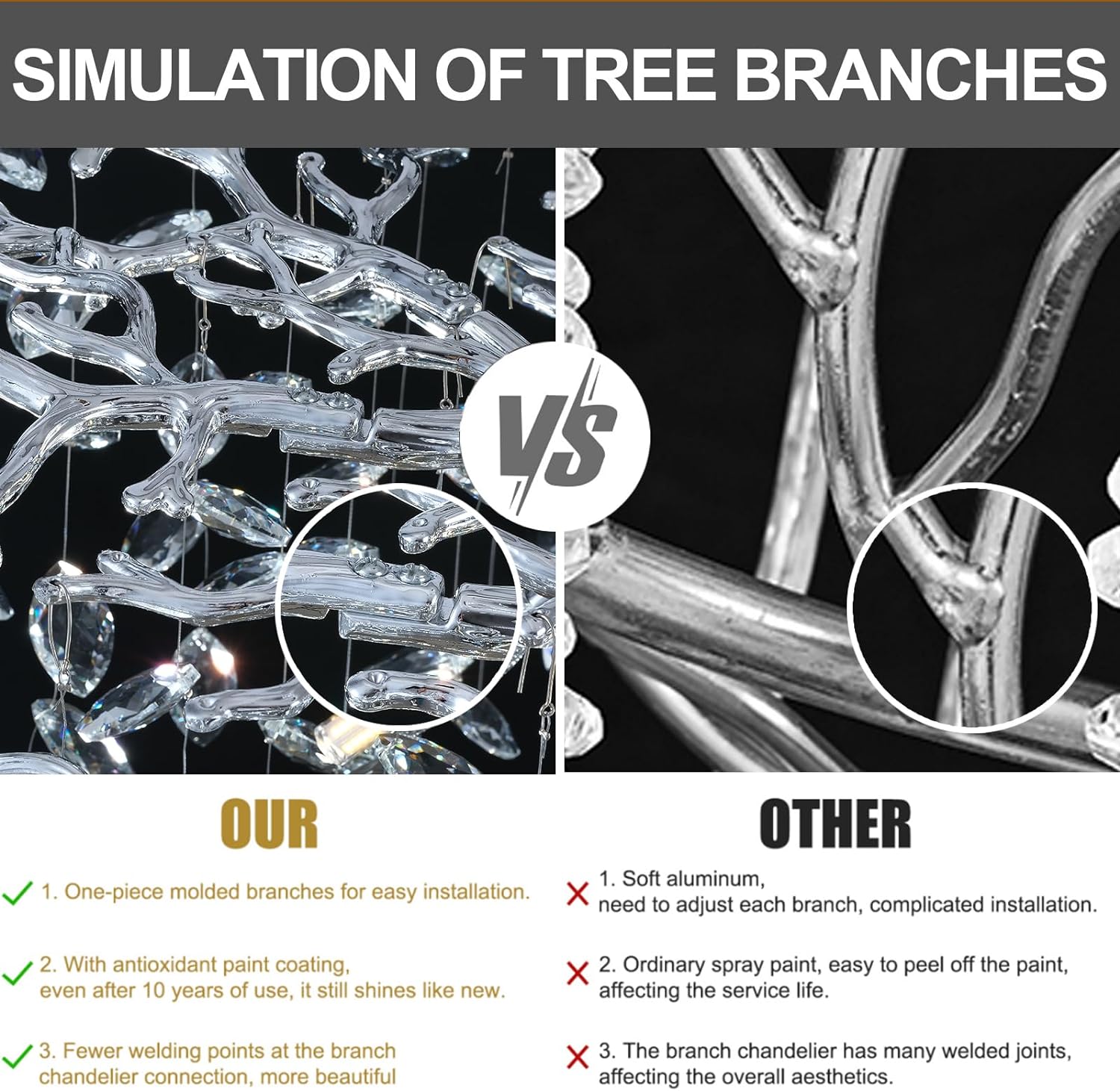 Modern Crystal Tree Branch Round Chandelier for All Rooms 30" 40" 48"