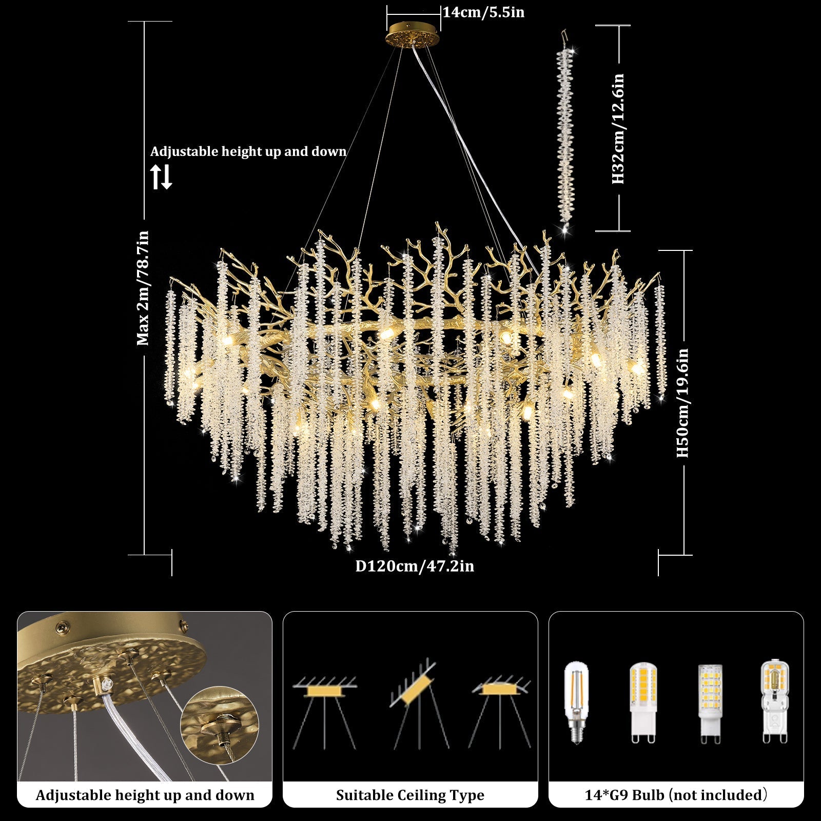 Snow Tree Branch Gold/Silver Chandelier 47"