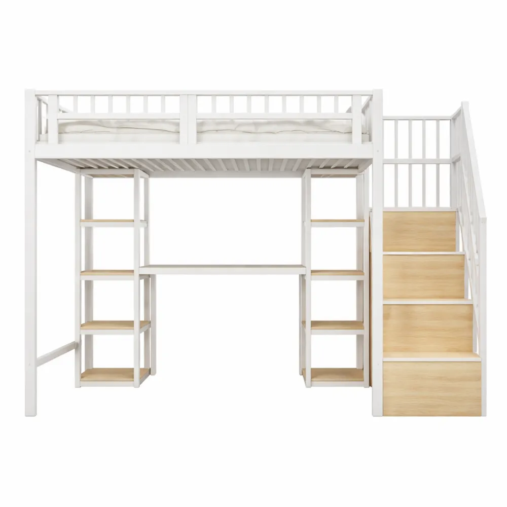 Lit mezzanine avec éclairage LED et USB, rangement et bureau, cadre métallique, 140 x 200 cm, blanc