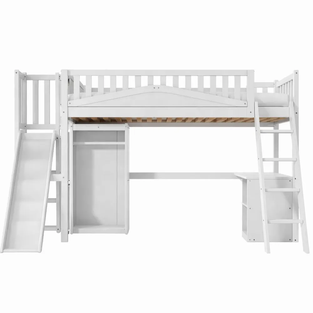 Lit mezzanine enfant avec bureau et rangement intégré, toboggan inclus, 90x200 cm, blanc