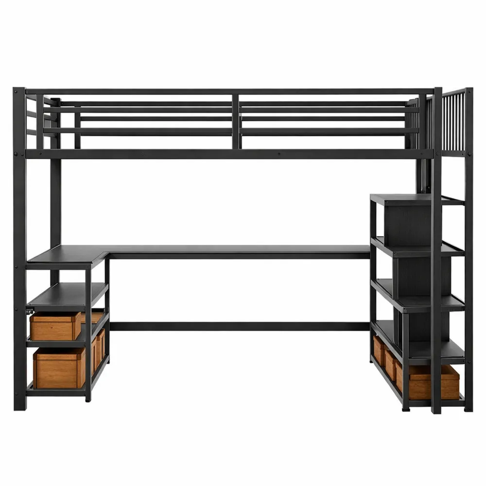 Lit Mezzanine Enfant 90x200 avec Éclairage LED, Bureau et Rangement