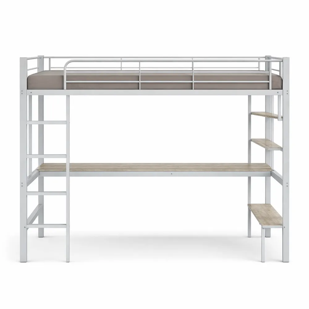 Lit mezzanine 90x200 cm avec bureau et étagères, structure en fer