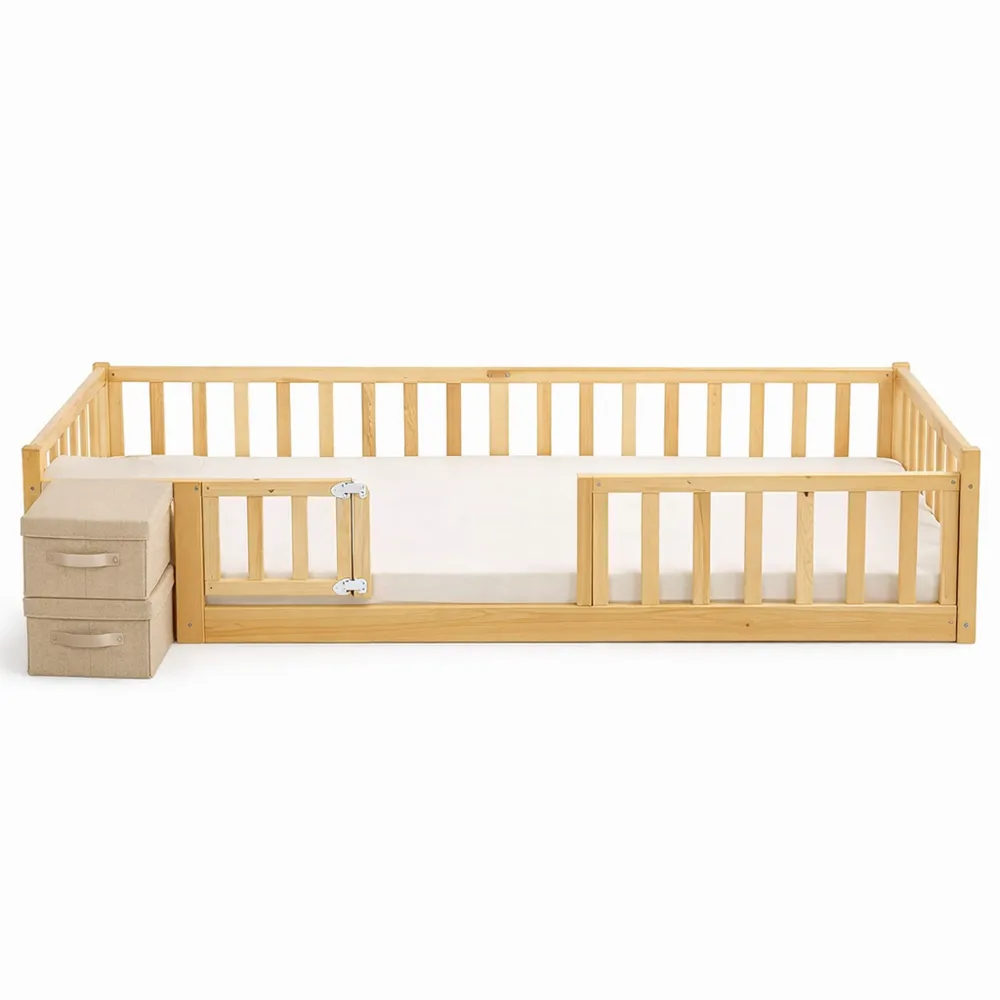 Lit enfant montessori en bois massif 90x190 cm avec barrière de sécurité