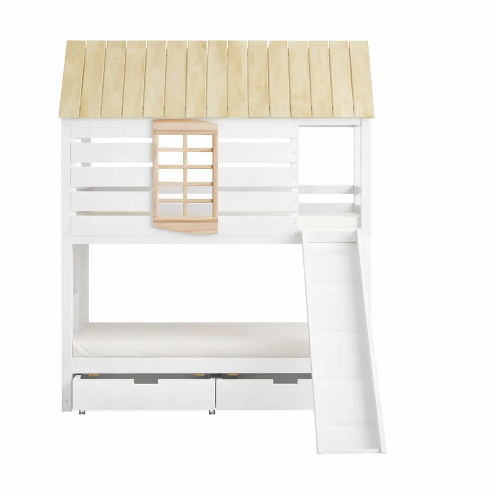 Lit mezzanine avec toboggan et échelle pour enfants, avec fenêtres décoratives et tiroirs