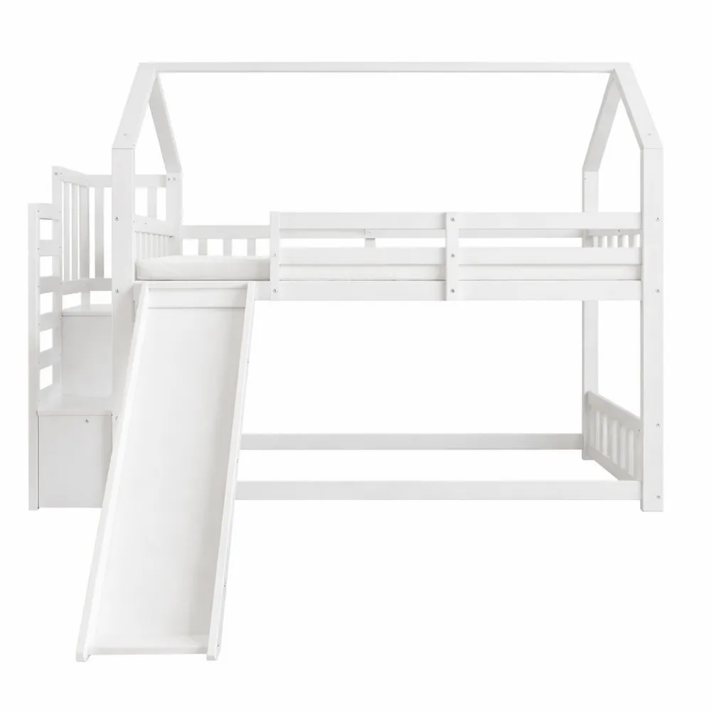 Lit superposé 90x200 cm avec toboggan et escalier de rangement, barrières sécurisées