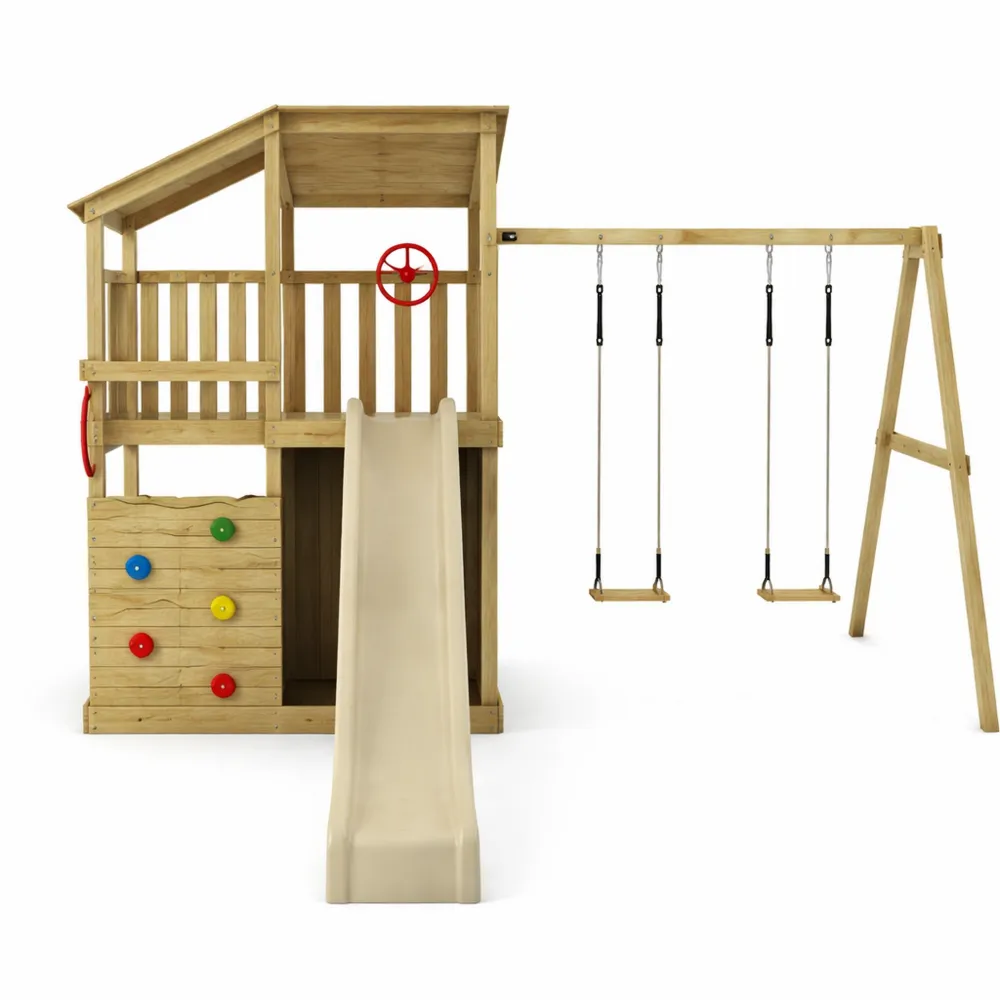 Aire de jeux en bois avec balançoire et toboggan vert, tour d'escalade et bac à sable