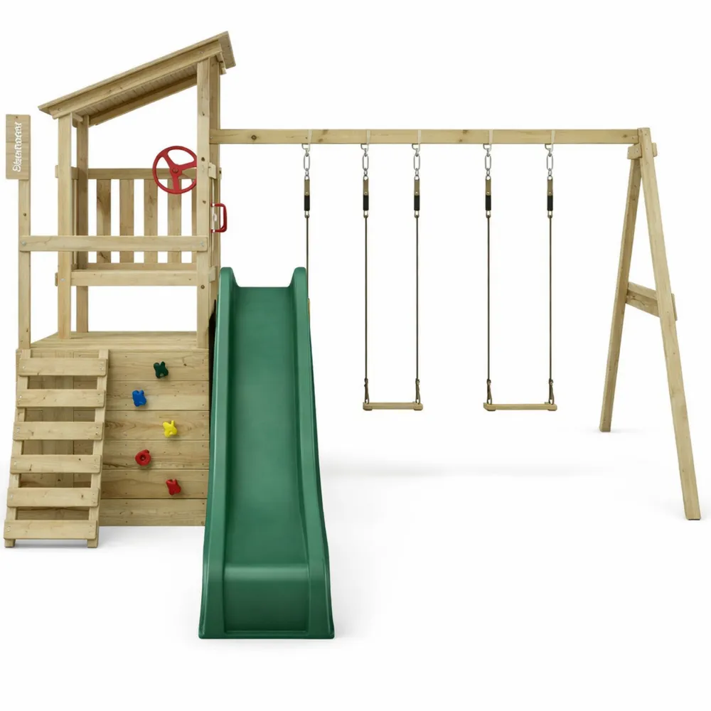 Aire de Jeux en Bois avec Balançoire et Toboggan Vert, Tour d'Escalade Enfants