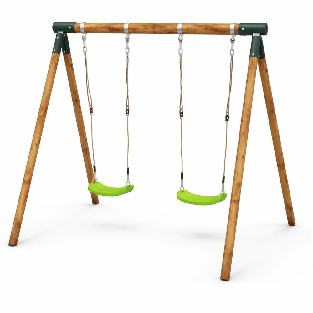 Balançoire double extérieure en bois traité avec deux sièges plats