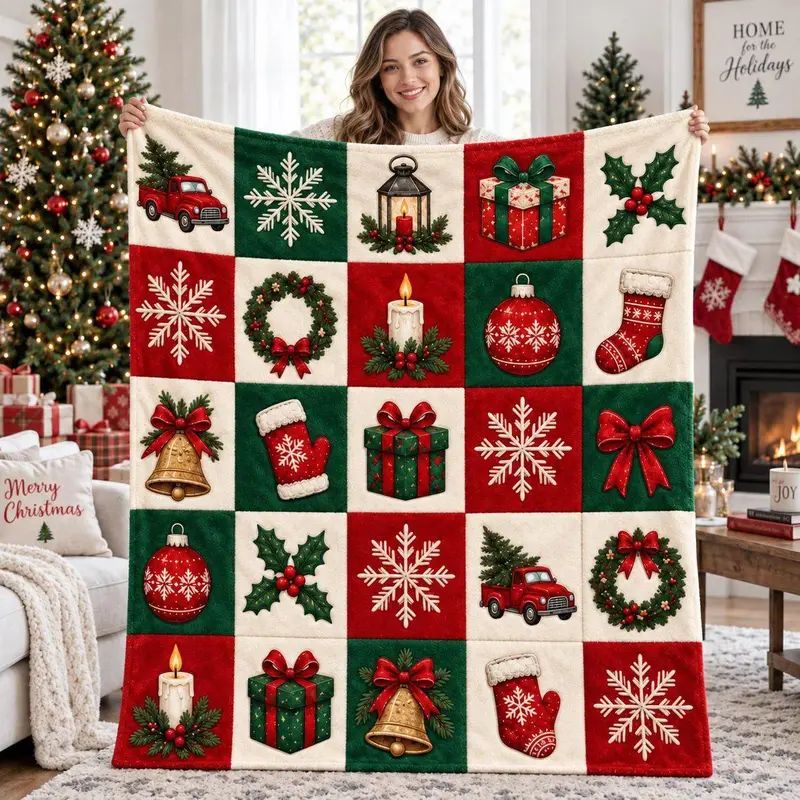Christmas Minky Throw Blanket - Patchwork Print with Festive Icons, Cozy Together Winter Gift, Festive Home Decor