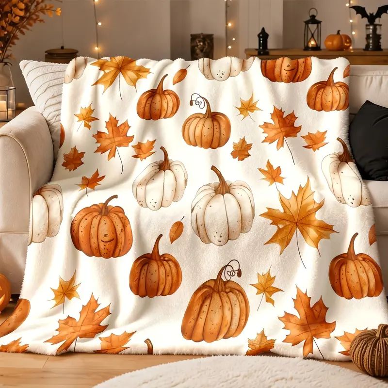 Watercolor Fall Pumpkin & Maple Leaf Flannel Blanket, Perfect Holiday Gift for Family, Farmhouse Bedroom Sofa Couch Decor